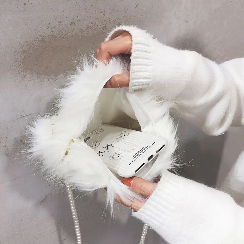 Faux Fur Fluffy White Bag Crossbody Handbag Pearl Strap - Image 10