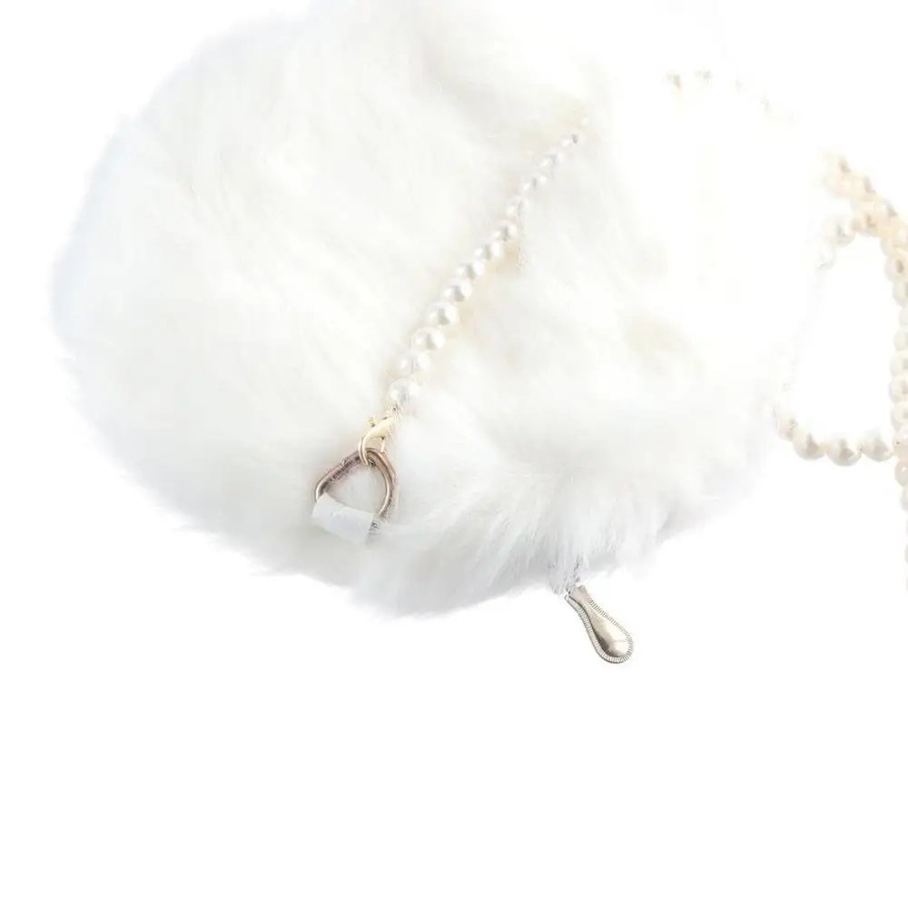 Faux Fur Fluffy White Bag Crossbody Handbag Pearl Strap - Image 11