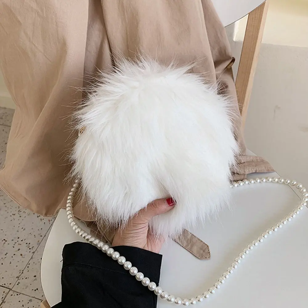 Faux Fur Fluffy White Bag Crossbody Handbag Pearl Strap - Image 14