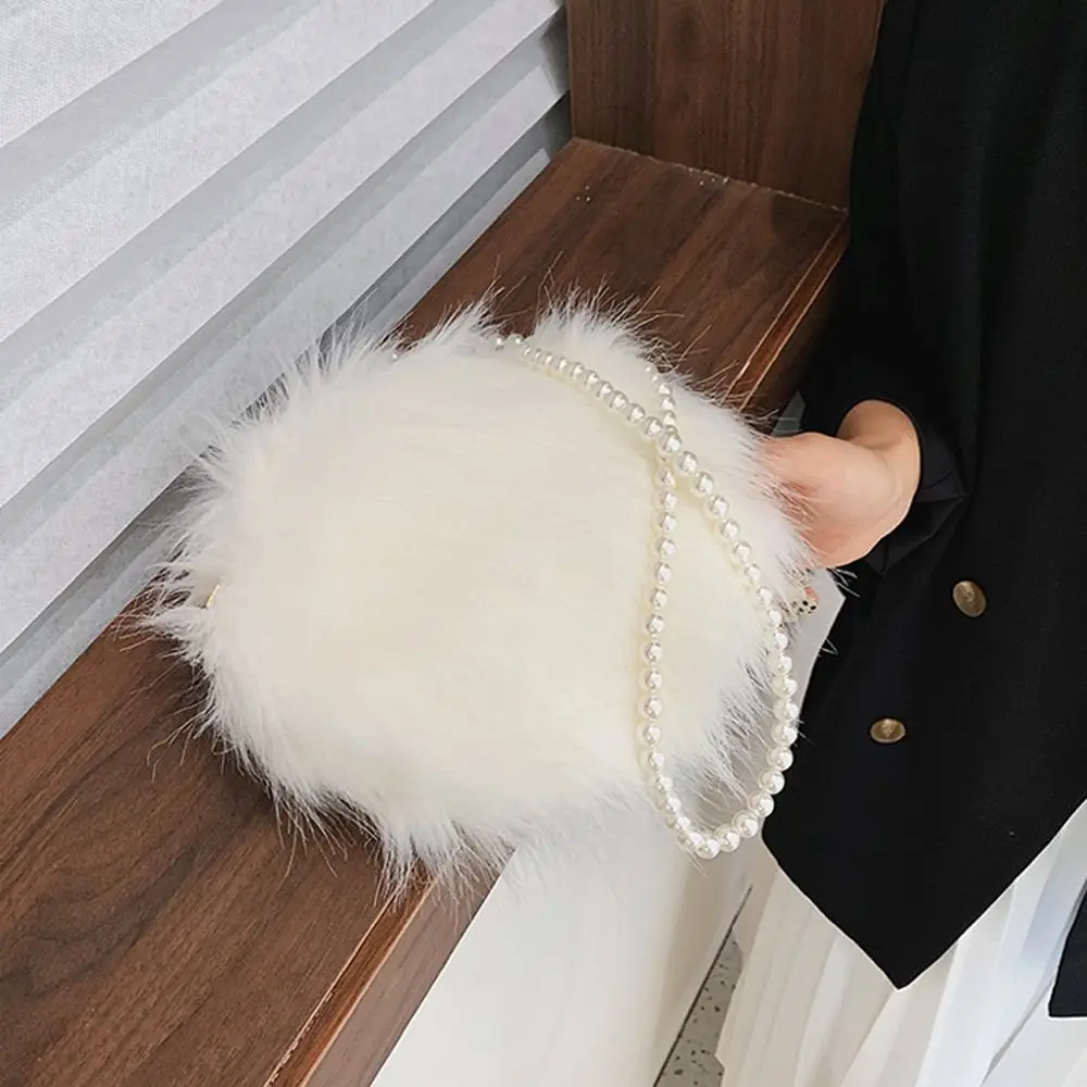 Faux Fur Fluffy White Bag Crossbody Handbag Pearl Strap - Image 16