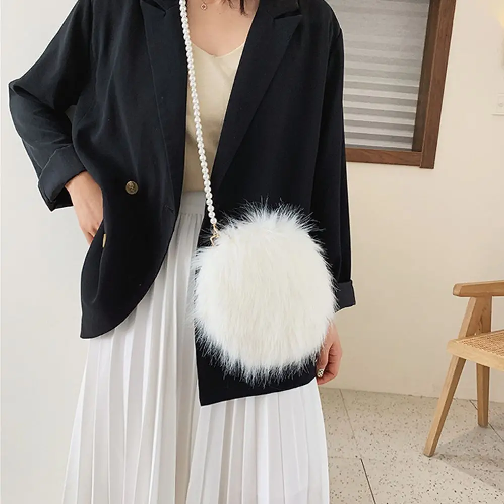 Faux Fur Fluffy White Bag Crossbody Handbag Pearl Strap - Image 17