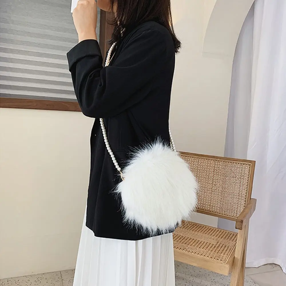 Faux Fur Fluffy White Bag Crossbody Handbag Pearl Strap - Image 18