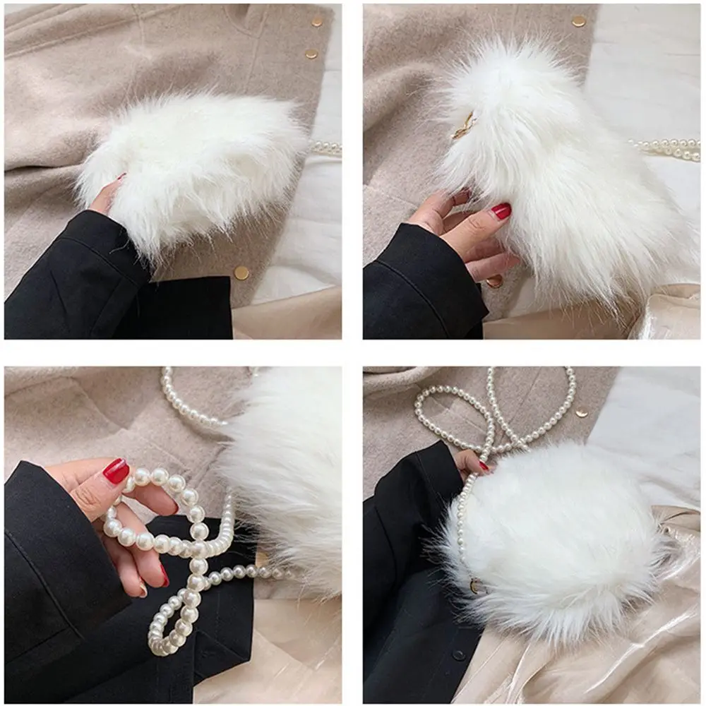 Faux Fur Fluffy White Bag Crossbody Handbag Pearl Strap - Image 19