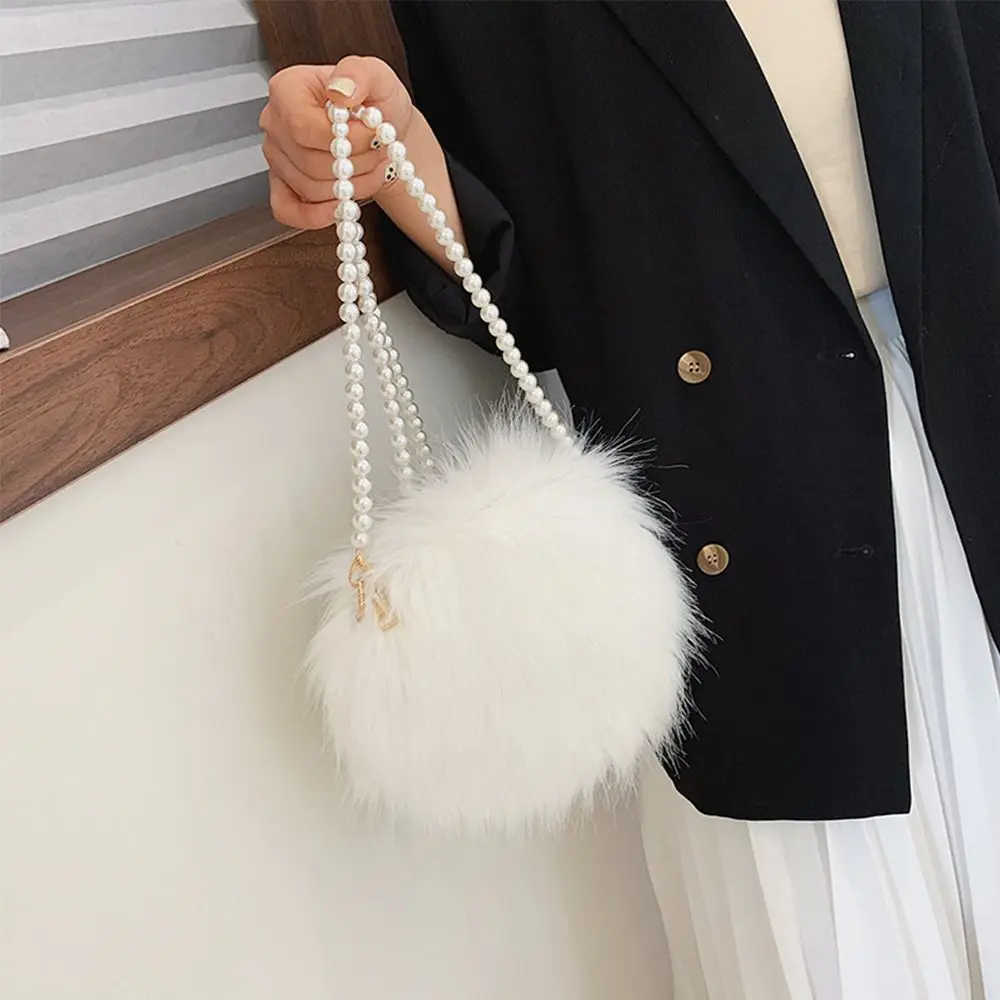 Faux Fur Fluffy White Bag Crossbody Handbag Pearl Strap - Image 3