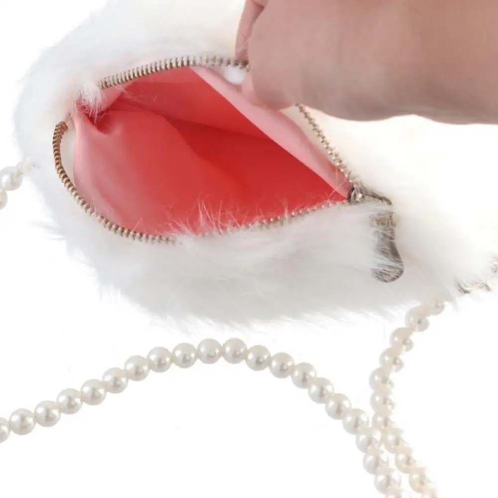 Faux Fur Fluffy White Bag Crossbody Handbag Pearl Strap - Image 4