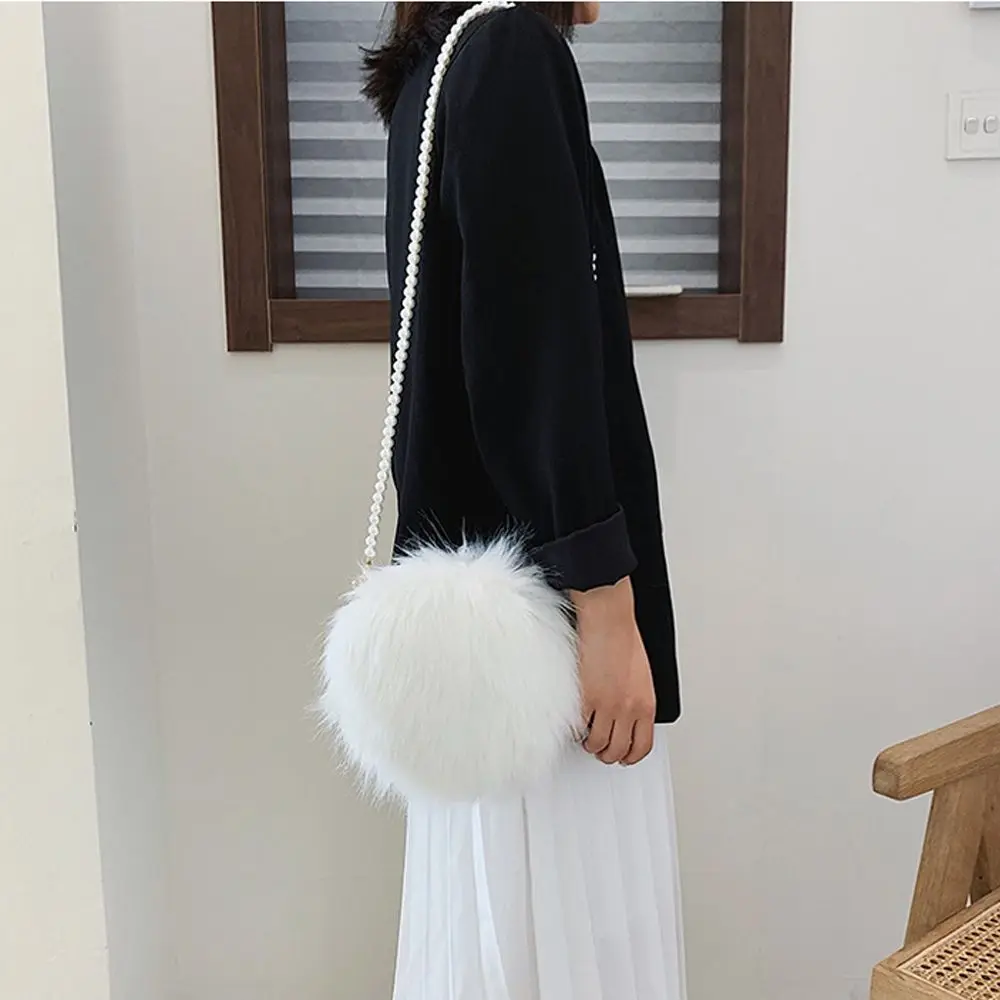 Faux Fur Fluffy White Bag Crossbody Handbag Pearl Strap - Image 8