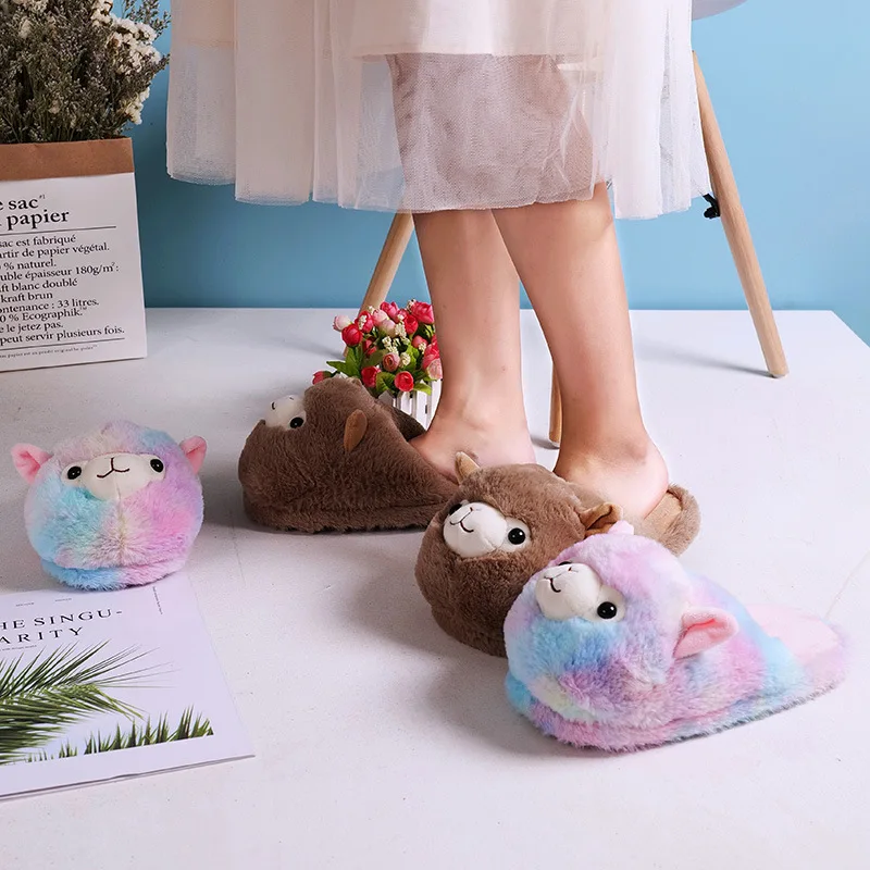 Fuzzy Slippers Plush Warm Shoes Cute Alpaca Cozy Home Slides Pink Brown Multicoloured - Image 10