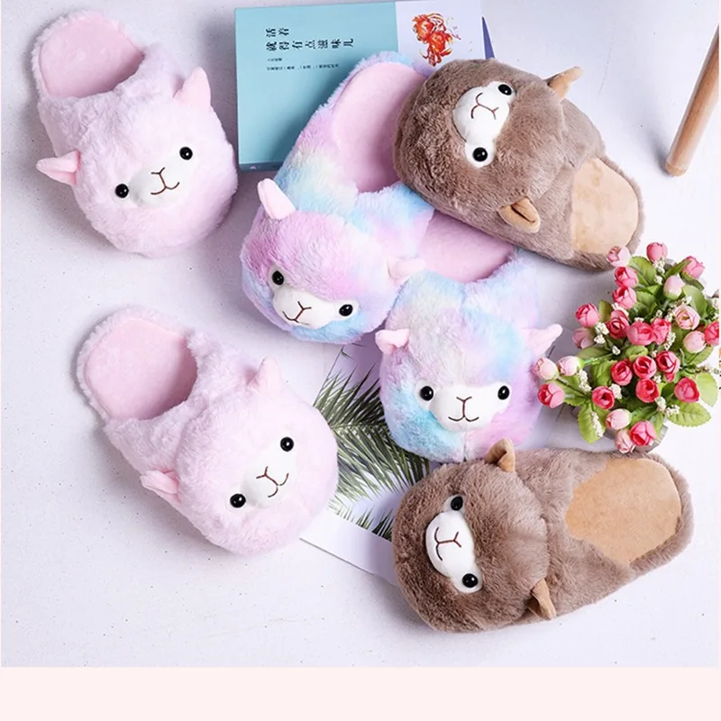 Fuzzy Slippers Plush Warm Shoes Cute Alpaca Cozy Home Slides Pink Brown Multicoloured - Image 8