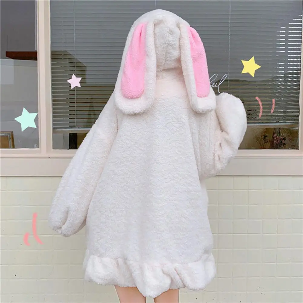 Hoodie Winter Bunny Ears White Black Pink Sweatshirt Long Sleeve Zip Up Hoodies - Image 12