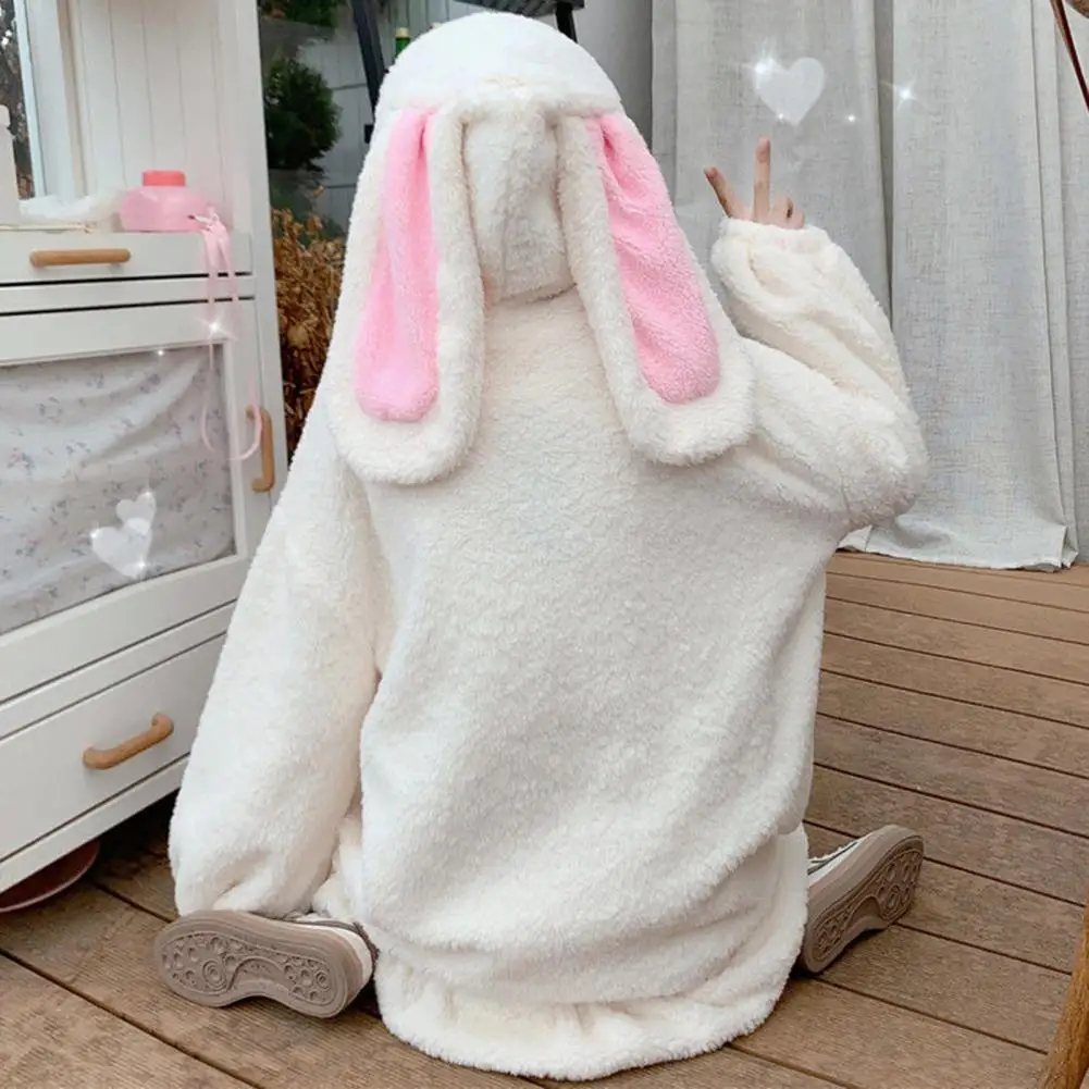 Hoodie Winter Bunny Ears White Black Pink Sweatshirt Long Sleeve Zip Up Hoodies - Image 13