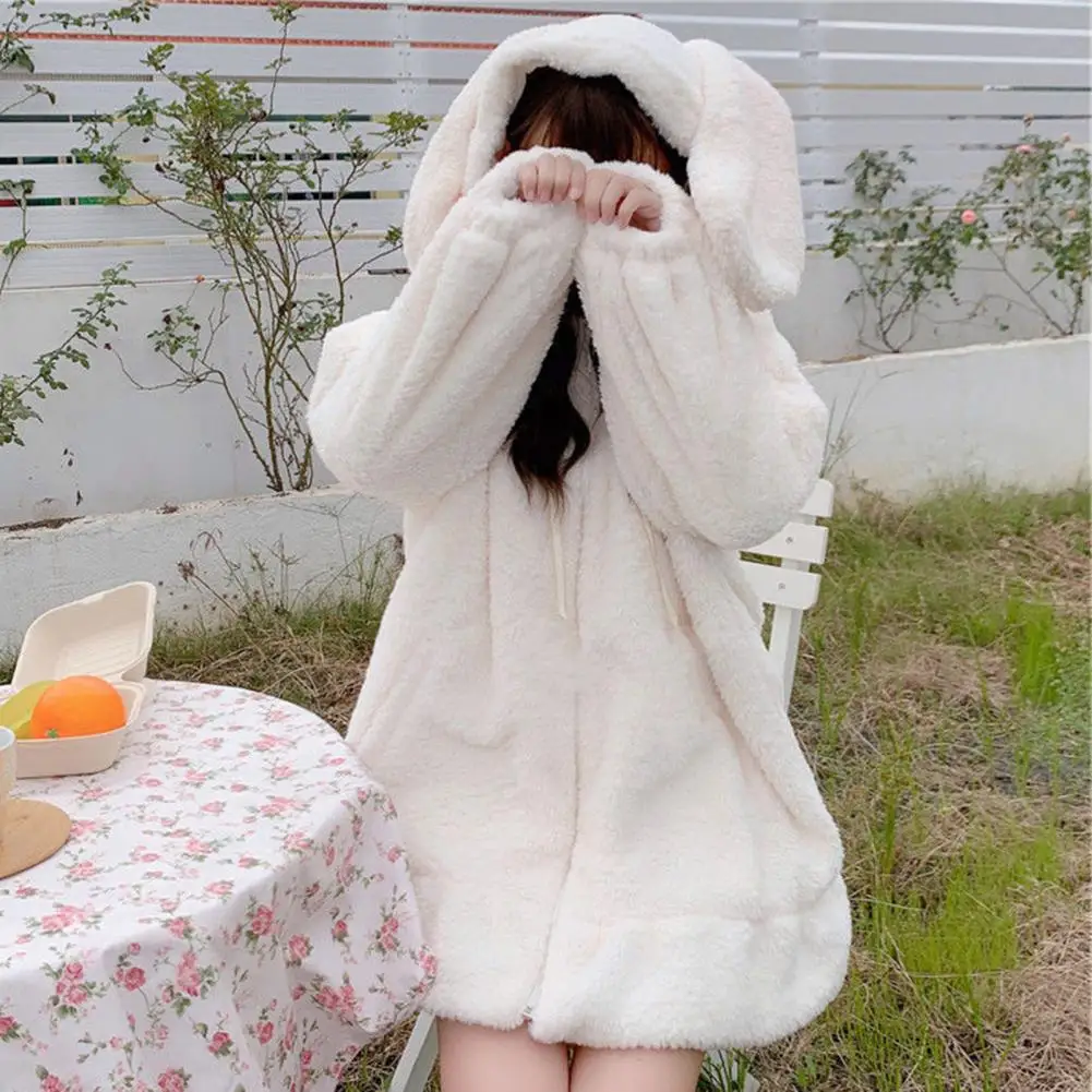 Hoodie Winter Bunny Ears White Black Pink Sweatshirt Long Sleeve Zip Up Hoodies - Image 18