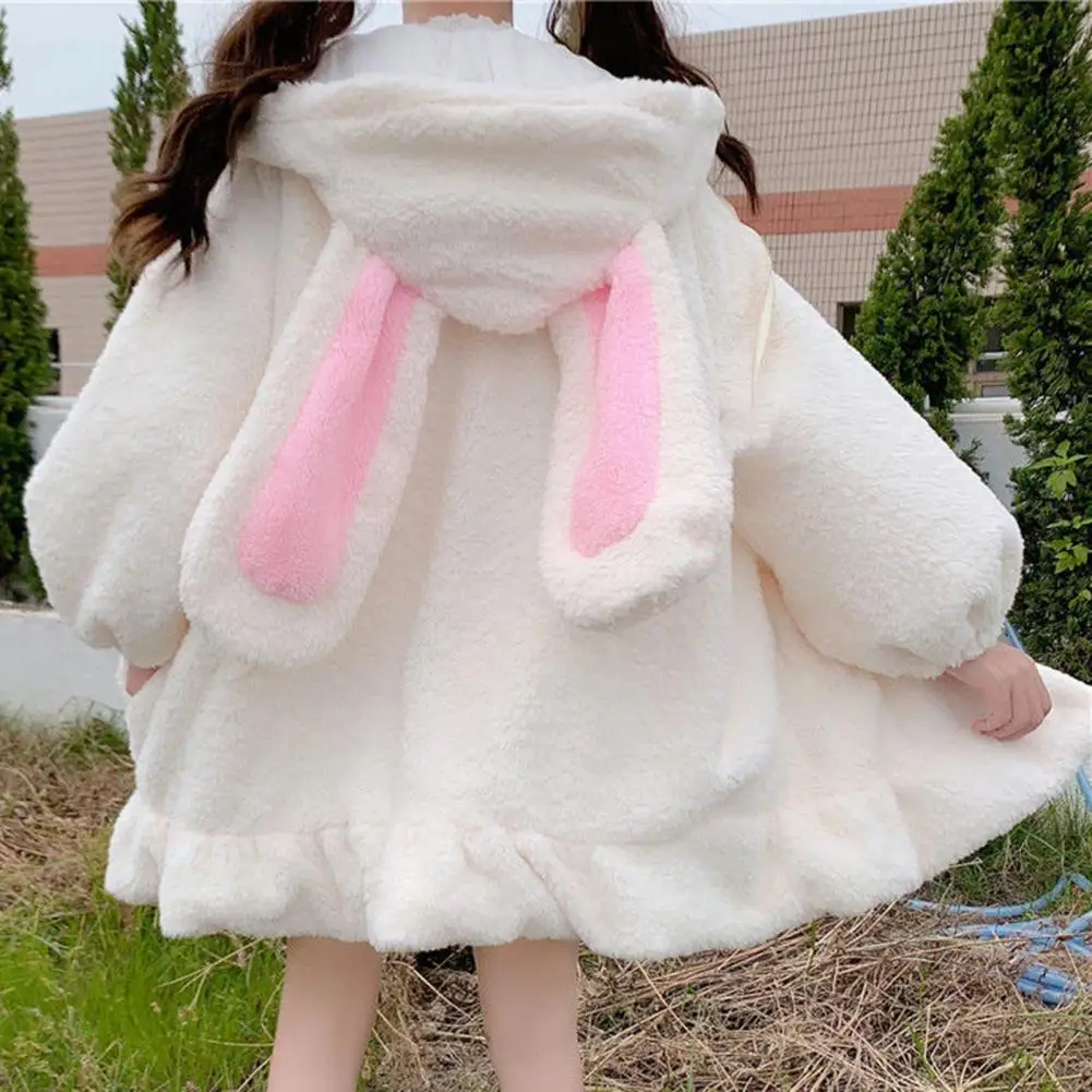 Hoodie Winter Bunny Ears White Black Pink Sweatshirt Long Sleeve Zip Up Hoodies - Image 3