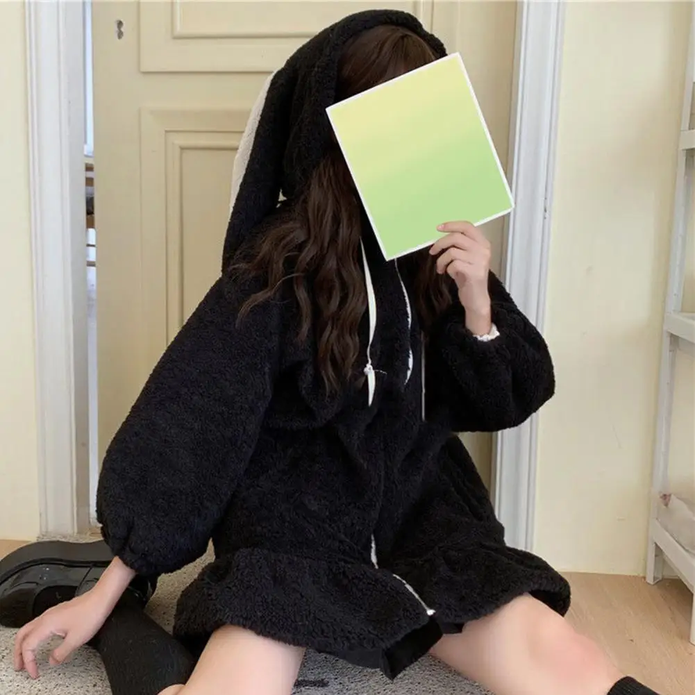 Hoodie Winter Bunny Ears White Black Pink Sweatshirt Long Sleeve Zip Up Hoodies - Image 8