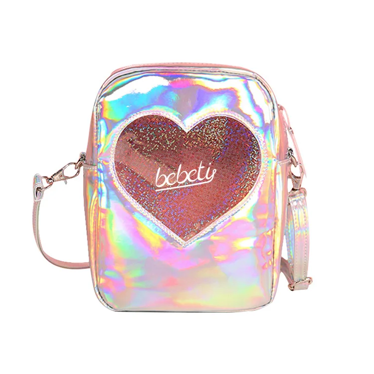 Irridescent Holographic Crossbody Handbag Bag Heart Pink Lilac Glitter - Image 6