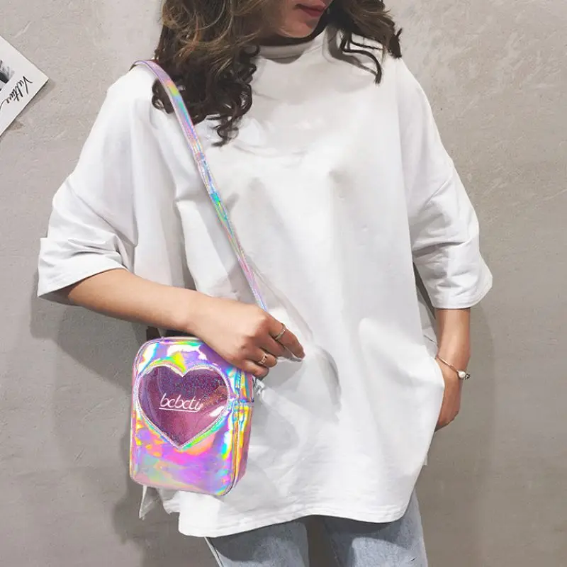 Irridescent Holographic Crossbody Handbag Bag Heart Pink Lilac Glitter - Image 7