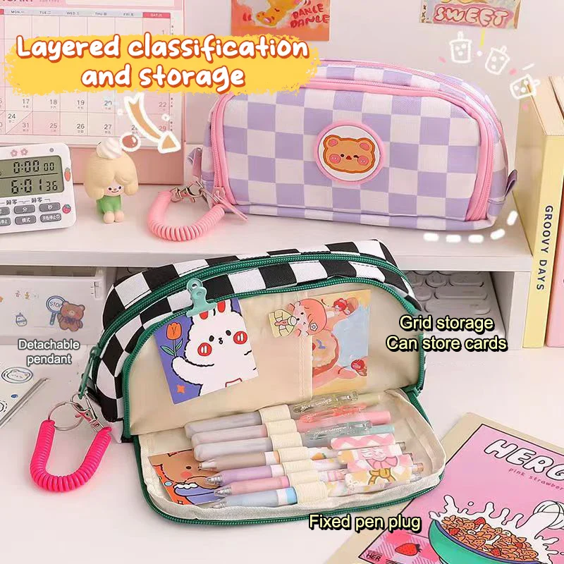 Kawaii Checkerboard Pencil Case Large Capacity - Image 3