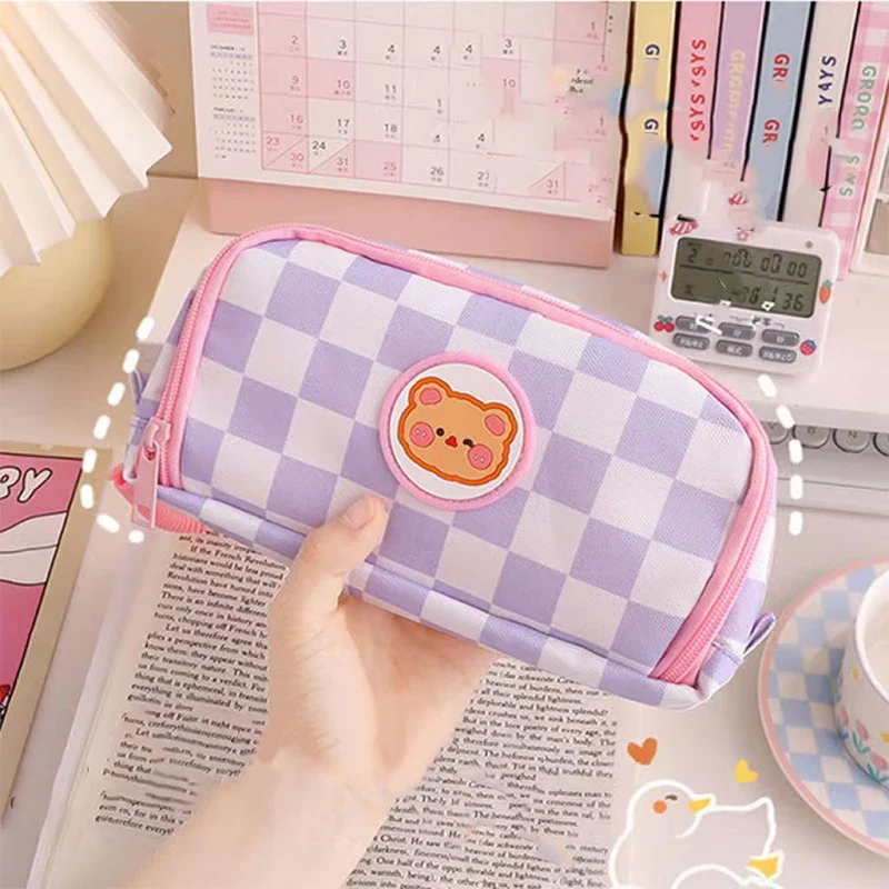 Kawaii Checkerboard Pencil Case Large Capacity - Image 5