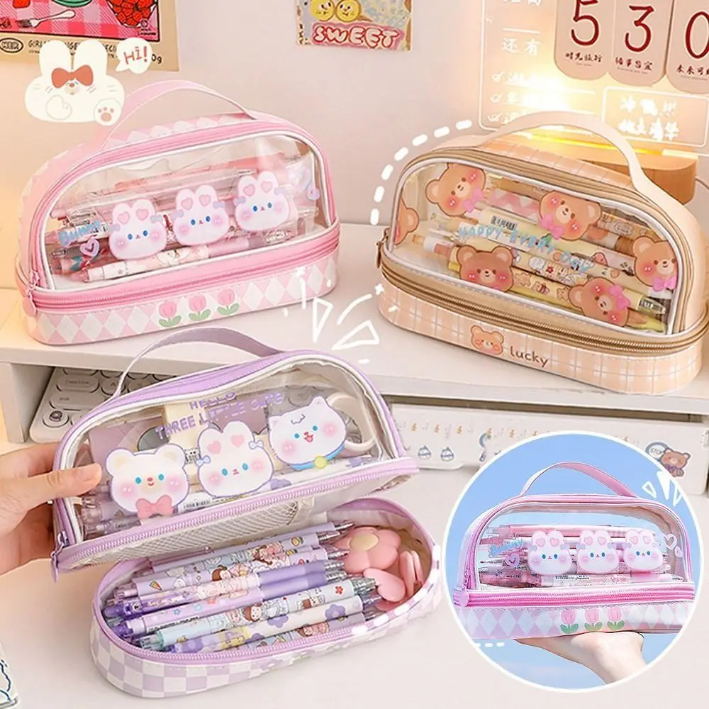 Kawaii Double Layer Pencil Case Large Transparent Stationery - Image 14