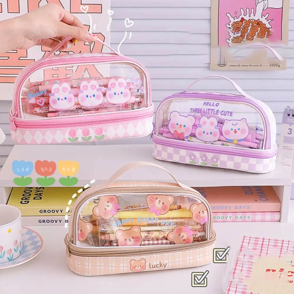 Kawaii Double Layer Pencil Case Large Transparent Stationery - Image 3