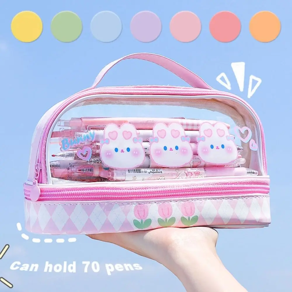Kawaii Double Layer Pencil Case Large Transparent Stationery - Image 4