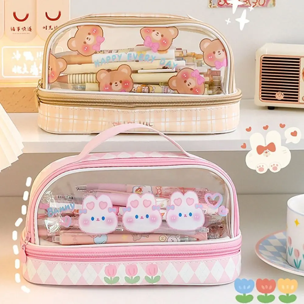 Kawaii Double Layer Pencil Case Large Transparent Stationery - Image 6