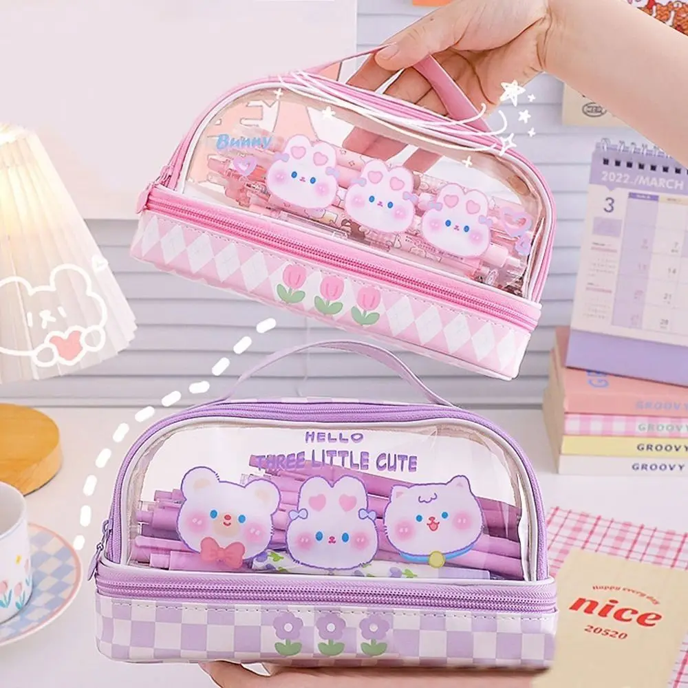 Kawaii Double Layer Pencil Case Large Transparent Stationery - Image 7
