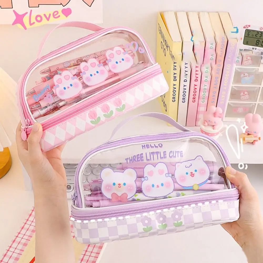 Kawaii Double Layer Pencil Case Large Transparent Stationery - Image 9