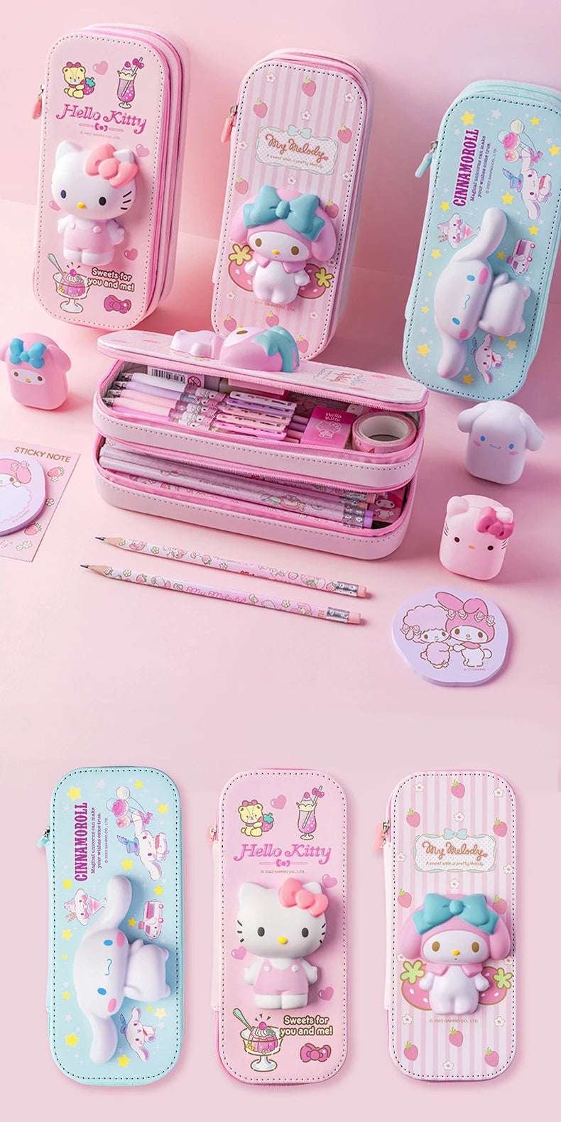 Sanrio Zipped Pencil Case Kawaii Hello Kitty Cinnamoroll My Melody - Image 15